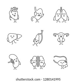 Sad human internal organs characters linear icons set. Thin line contour symbols. Unhealthy digestive, respiratory, reproductive, urinary systems. Isolated vector outline illustration. Editable stroke
