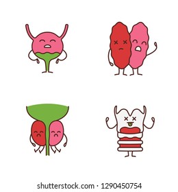 Sad human internal organs characters color icons set. Unhappy larynx, thymus, prostate, urinary bladder. Unhealthy urinary, immune, reproductive, respiratory systems. Isolated vector illustrations