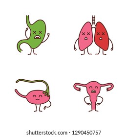 Sad human internal organs characters color icons set. Unhappy stomach, lungs, ovary, fallopian tube, uterus. Unhealthy digestive, respiratory, female reproductive systems. Isolated vector illustration