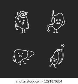Sad human internal organs characters chalk icons set. Unhappy heart, stomach, liver, gallbladder. Unhealthy cardiovascular and digestive systems. Isolated vector chalkboard illustrations