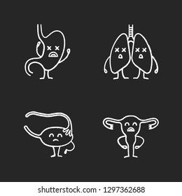 Sad human internal organs characters chalk icons set. Unhappy stomach, lungs, ovary, uterus. Unhealthy digestive, respiratory, female reproductive systems. Isolated vector chalkboard illustrations