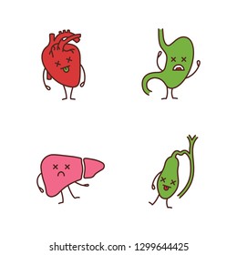 Sad human internal organs characters color icons set. Unhappy heart, stomach, liver, gallbladder. Unhealthy cardiovascular and digestive systems. Isolated vector illustrations