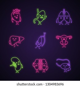 Sad human internal organs characters neon light icons set. Glowing signs. Unhealthy cardiovascular, digestive, respiratory, reproductive, lymphatic, urinary systems. Vector isolated illustrations