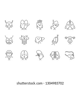 Sad human internal organs characters linear icons set. Thin line contour symbols. Respiratory, urinary, reproductive, digestive systems diseases. Isolated vector outline illustrations. Editable stroke