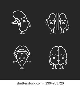 Sad human internal organs characters chalk icons set. Unhappy tongue, brain, spleen, kidneys. Unhealthy oral cavity, nervous, lymphatic, urinary systems. Isolated vector chalkboard illustrations