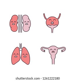 Sad human internal organs color icons set. Unhappy kidneys, urinary bladder, lungs, uterus. Unhealthy pulmonary, urinary, reproductive systems. Isolated vector illustrations
