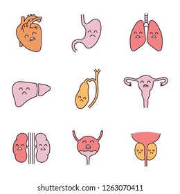 Sad human internal organs color icons set. Respiratory, urinary, reproductive, digestive systems diseases. Unhealthy organs. Isolated vector illustrations
