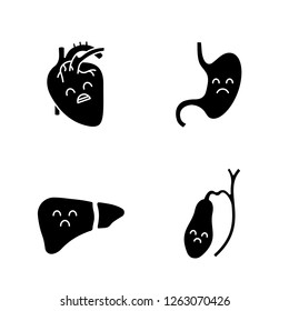Sad human internal organs glyph icons set. Unhappy heart, stomach, liver, gallbladder. Unhealthy cardiovascular and digestive systems. Silhouette symbols. Vector isolated illustration