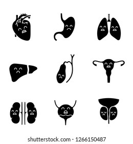 Sad human internal organs glyph icons set. Respiratory, urinary, reproductive, digestive systems diseases. Unhealthy organs. Silhouette symbols. Vector isolated illustration