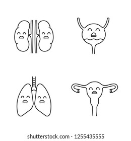 Sad human internal organs linear icons set. Thin line contour symbols. Unhappy kidneys, lungs, uterus. Unhealthy pulmonary, reproductive systems. Isolated vector outline illustrations. Editable stroke