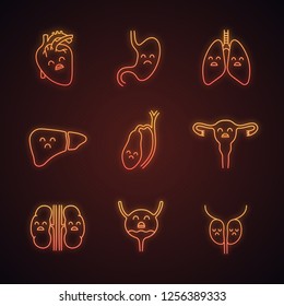 Sad human internal organs neon light icons set. Respiratory, urinary, reproductive, digestive systems diseases. Unhealthy organs. Glowing signs. Vector isolated illustrations