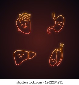 Sad human internal organs neon light icons set. Unhappy heart, stomach, liver, gallbladder. Unhealthy cardiovascular and digestive systems. Glowing signs. Vector isolated illustrations