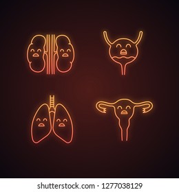 Sad human internal organs neon light icons set. Unhappy kidneys, urinary bladder, lungs, uterus. Unhealthy pulmonary, urinary, reproductive systems. Glowing signs. Vector isolated illustrations