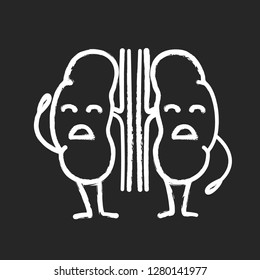 Sad human kidneys character chalk icon. Unhealthy urinary tract. Urinary system disease. Nephropathy. Isolated vector chalkboard illustration
