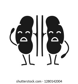Sad human kidneys character glyph icon. Silhouette symbol. Unhealthy urinary tract. Urinary system disease. Nephropathy. Negative space. Vector isolated illustration