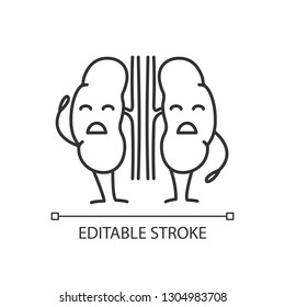 Sad human kidneys character linear icon. Thin line illustration. Unhealthy urinary tract. Urinary system disease. Nephropathy. Contour symbol. Vector isolated outline drawing. Editable stroke