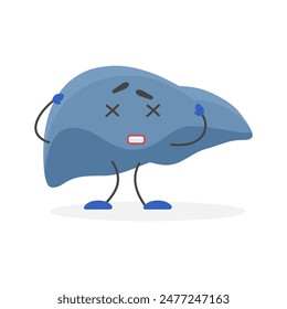 Sad human liver character, sick blue organ of digestive system suffering vector illustration