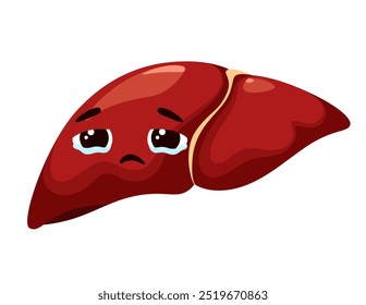 Sad human liver on a white background. Vector illustration in cartoon style.