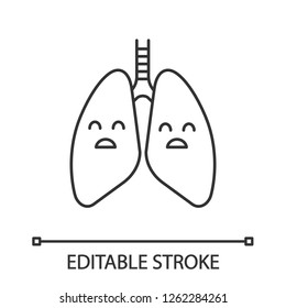 Sad human lungs linear icon. Respiratory diseases, problems. Thin line illustration. Unhealthy pulmonary system. Contour symbol. Vector isolated outline drawing. Editable stroke