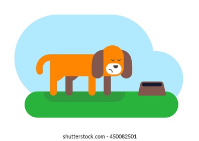Sad hungry dog with an empty food bowl. Flat design vector illustration.