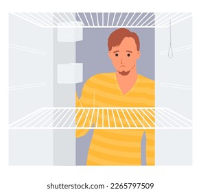 Sad hungry man looking inside open empty refrigerator flat cartoon vector illustration. Guy searching for snack feeling surprise about absence of meal