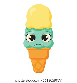 Sad ice cream cone character with expressive face