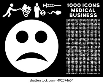 Sad icon with 1000 medical commerce white vector pictograms. Set style is flat symbols, black background.
