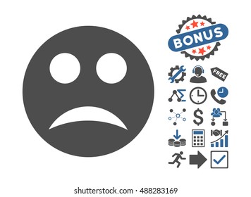 Sad icon with bonus icon set. Vector illustration style is flat iconic bicolor symbols, cobalt and gray colors, white background.
