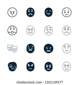 Sad icon. collection of 16 sad filled and outline icons such as angry emot, surprised emot. editable sad icons for web and mobile.