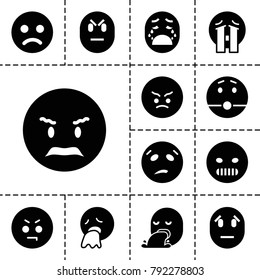 Sad icons. set of 13 editable filled sad icons such as angry emot, sweating emot