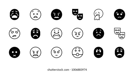 Sad icons. set of 18 editable filled and outline sad icons: sad emot, angry emot, mask