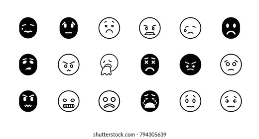 Sad icons. set of 18 editable filled and outline sad icons: angry emot