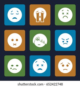 Sad icons set. set of 9 sad filled icons such as sad emot, crying emot