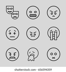 Sad icons set. set of 9 sad outline icons such as sad emot, angry emot, crying emoji