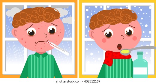 Sad ill boy with red pustules in winter with bad weather, Vector illustration