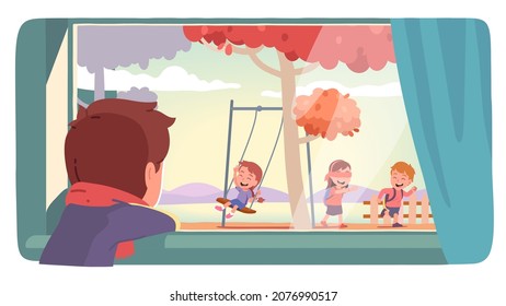 Sad ill boy wearing scarf, staying at home, looking through window at kids playing games outdoors, feeling lonely and sick. Health, disease quarantine. Flat vector sick character illustration