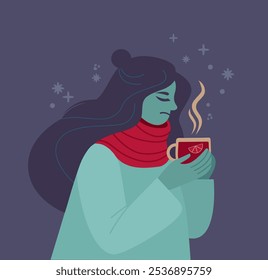 Sad ill or depressed girl drinking hot beverage. Flu Season Concept. Sick woman Wrapped In scarf  holding mug with tea or mulled wine. Flat vector illustration