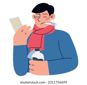 Sad ill man with pills blister and medicine in his hands and thermometer in his mouth . Flat vector minimalist illustration of different people
