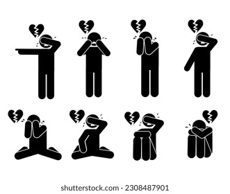 sad illustration of a broken heart and breakup, stick figure.