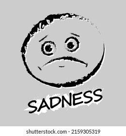 A sad image of a cartoon character's face. Drawing with a black brush on a gray background, the inscription sadness. A print for clothes, a logo, a symbol of a sad mood. Vector illustration.