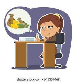 sad indian businesswoman imagining money