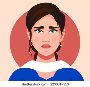 Triste mujer india con vestimenta tradicional. Retrato de una hermosa chica. Vector plano de expresión de rostro de avatar. Las mujeres usan traje con el pelo largo y oscuro. Avatar para una red social. Ilustración de moda 