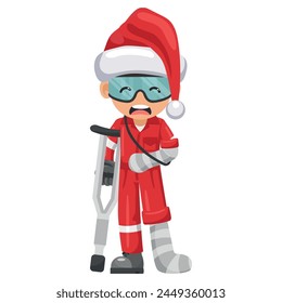 Sad Industrial worker with Santa Claus hat injured with bandages and plaster cast on his leg, arm after an accident at the workplace. Industrial safety and occupational health at work