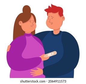 Sad infertile couple looking at negative pregnancy test. Male and female characters having problems with conceiving flat vector illustration. Infertility, family concept for banner or landing web page