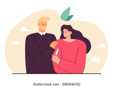 Sad infertile married couple looking at negative pregnancy test. Bad news about infertility for disappointed husband and wife flat vector illustration. Problem of fertility, healthcare concept