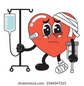 A sad and injured cartoon heart character with a bandaged head, crutches, and an IV drip, symbolizing heart health issues, medical conditions, and recovery.