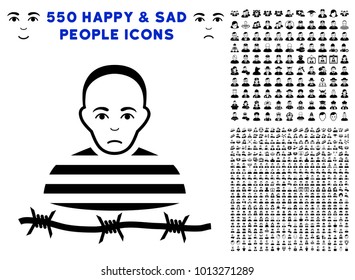 Sad Isolated Prisoner icon with 550 bonus pity and glad people symbols. Vector illustration style is flat black iconic symbols.