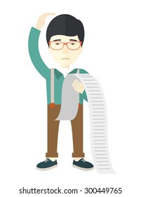 A sad japanese employee  standing holding a paper feels headache and worries about paying a lot of bills. Problem, worries concept. A Contemporary style. Vector flat design illustration isolated white