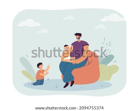 Sad jealous child, excluded by parent with new baby. Happy father sitting with small kid flat vector illustration. Jealousy of siblings, family concept for banner, website design or landing web page