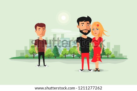 Sad jealous ex boyfriend looking at romantic couple. Past relationship concept. Ex-lover in love triangle. Beautiful couple with ex and urban city skyline background. Flat vector cartoon illustration.